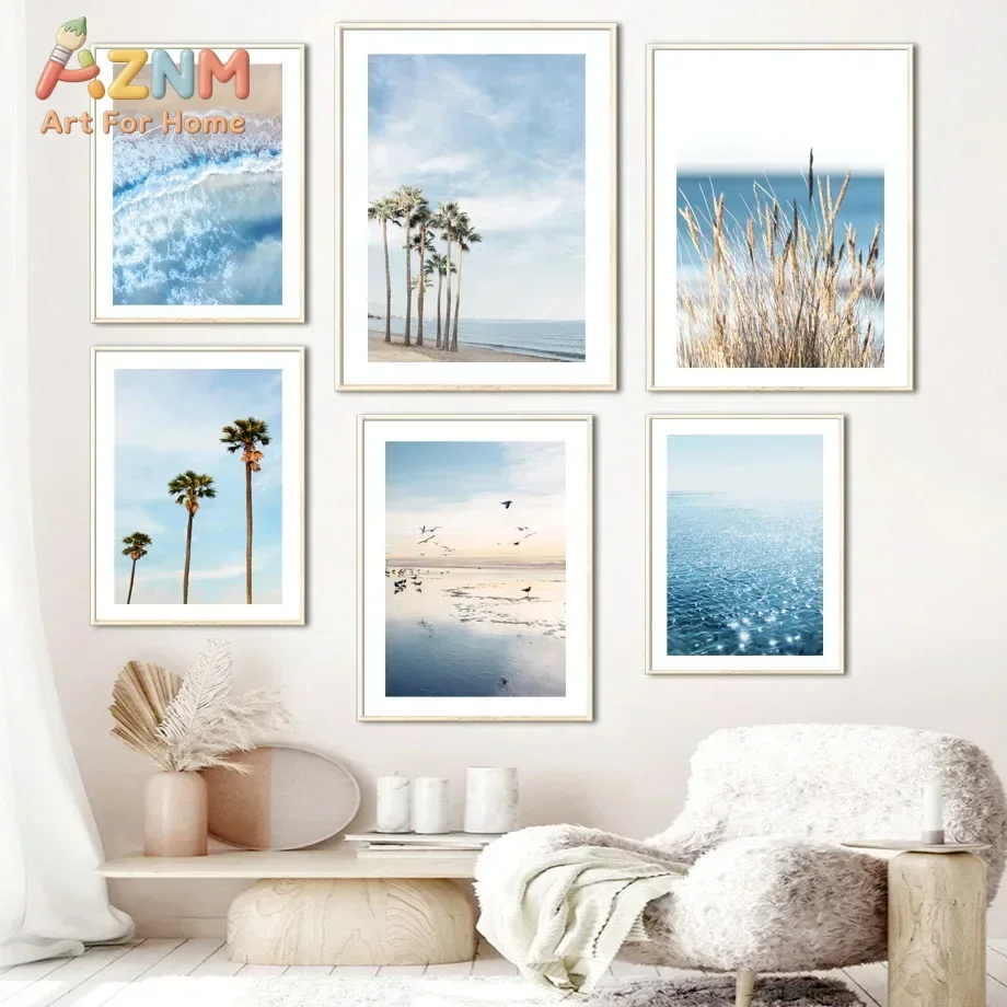 AZNM Coastal Beach Canvas Wall Art Palm Tree Sea Wave Reed Seagull Ocean Scenery Print for Living Room Bedroom Home Decor Unfram