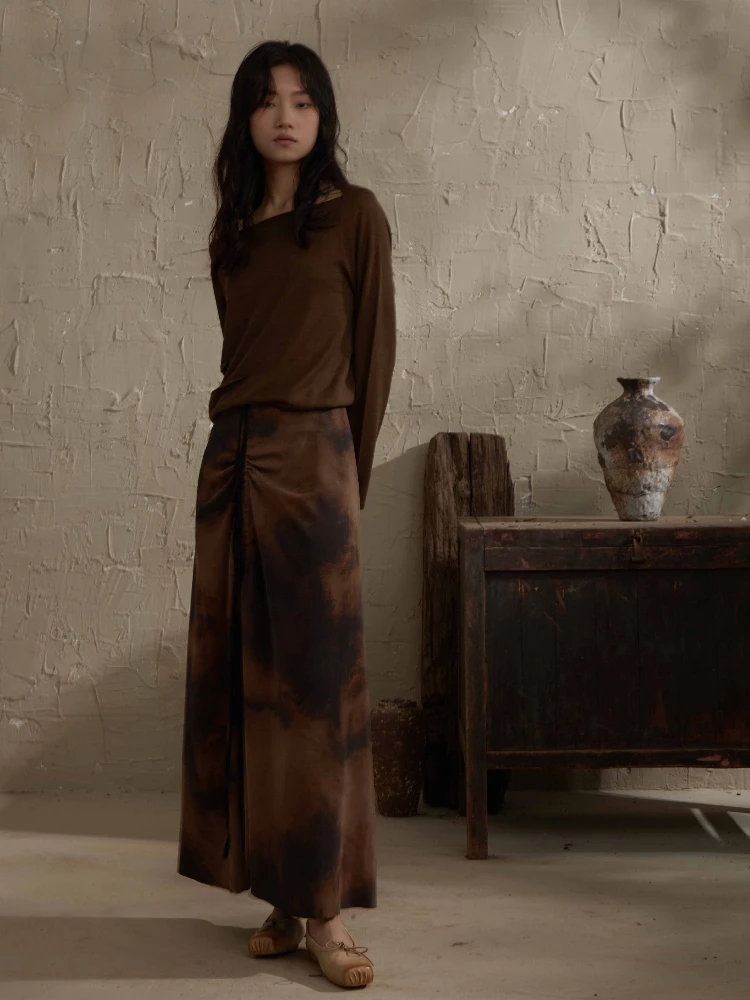 

High Waist Dyed Tie Silk Chiffon Long Skirt Coffee Color Print f Skirt Commute Sle Asymmetrical Gored Skirt