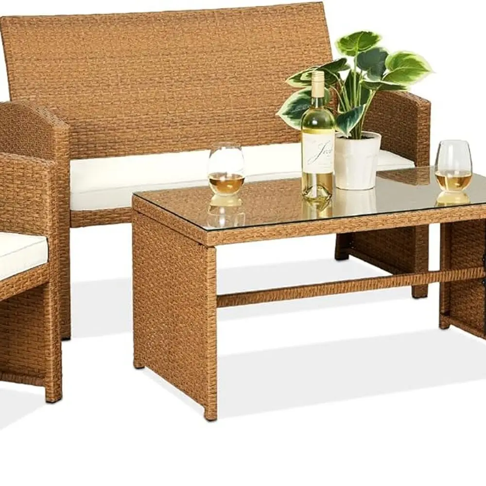 

Natural/Ivory Outdoor Wicker Patio Furniture Set with Coffee Table and Cushions