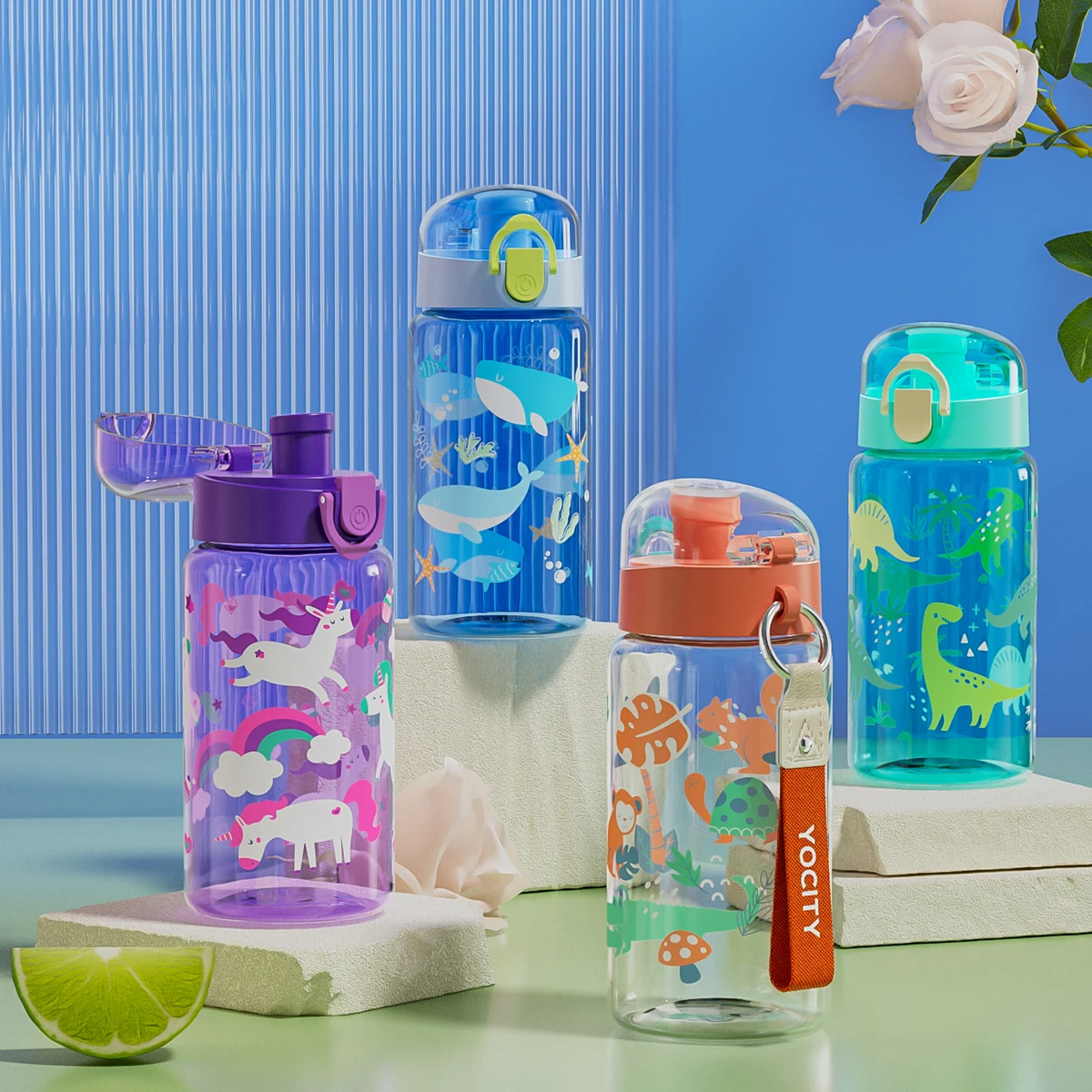 550ml Cartoon Animal Water Bottle Plastic Cup Portable Safety Lock Cute Sport Cup with Rope Leak-proof Outdoor Travel School