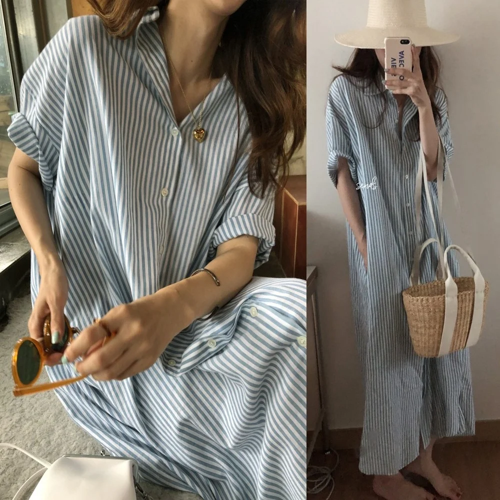 2026 New Chic Korean Style Casual Striped Dress Fashionable Commute Shirt Dress Short Sleeve Button up Women's Dress