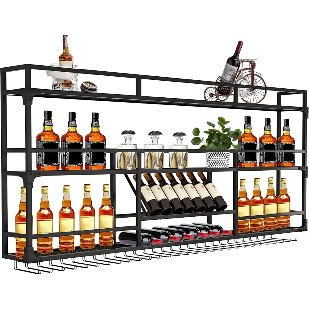 

"Wall Mounted Wine Rack - 3-Tier Floating Industrial Shelf for Liquor Bottles & Glasses, Metal Display"