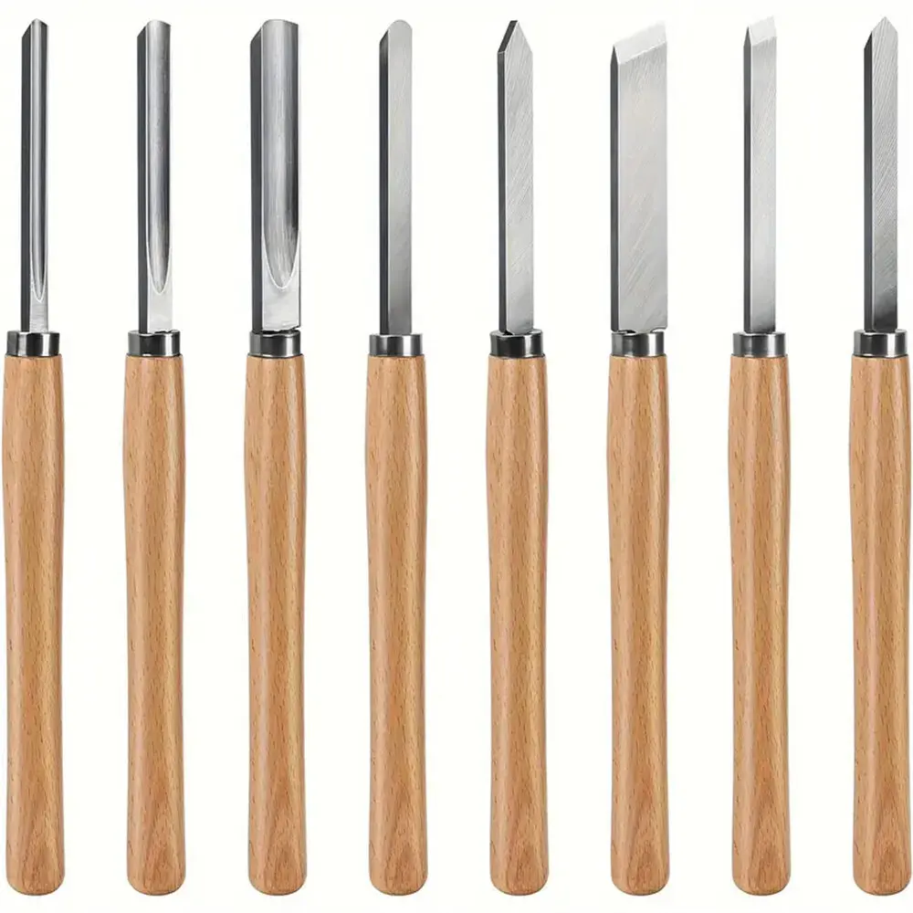 8Pcs Professional Wood Turning Chisels Set High-Speed Steel Blades Lathe Chisel Kit with Skew Parting Spear Point Gouges Round