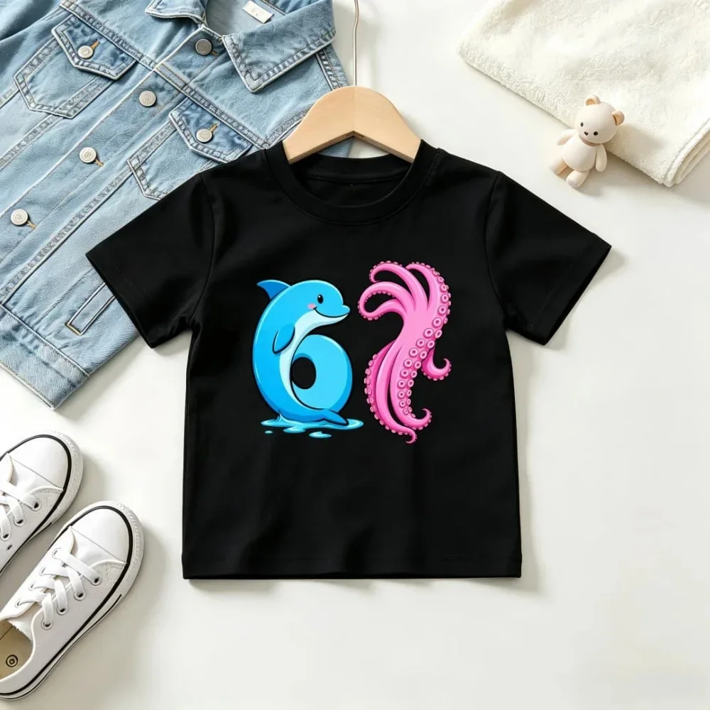 Kids Short Sleeve T Shirt Cute Dolphin Octopus Shaped Number 67 Ocean Animal Graphic Print O-Neck Tee Lovely Casual Summer Top