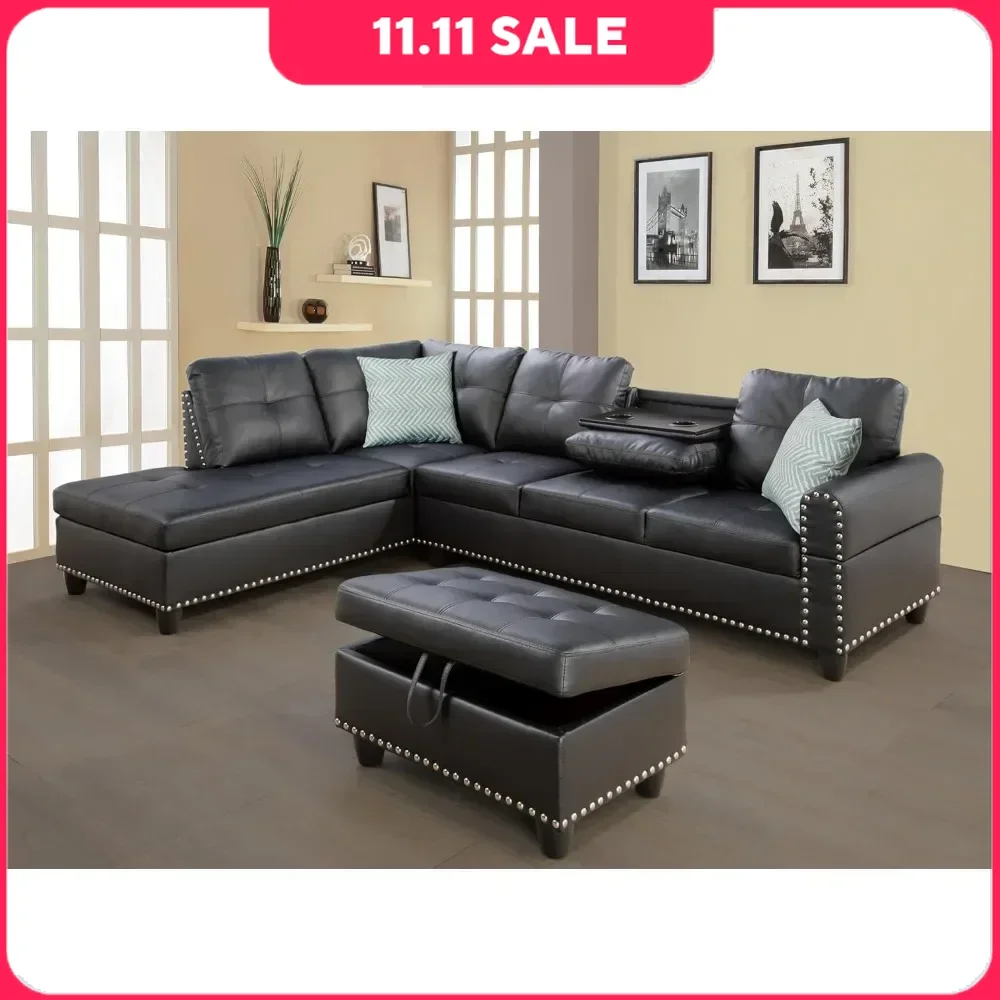 Sectional Sofa with Removable Storage Ottoman L-Shape Couch with Cupholder and Nailhead Trim 8