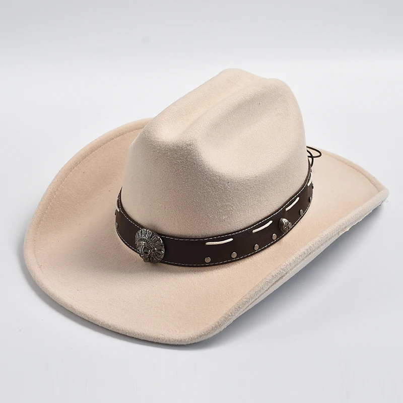 New Vintage Western Cowboy Hat with Punk Belt Men\'s Gentleman Cloche Church Caps Lady Roll Up Jazz Cowgirl Hats