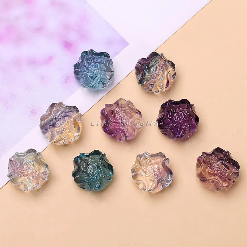 10 Pcs/lot Natural Fluorite Rose Flower Shape Carved Beads Charm Pendant For Jewelry Making Diy Necklace Bracelet Accessory