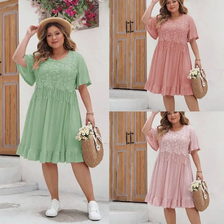 Plus Size Women's Pink Green Dress  Lace Tassel Fashion O Neck Loose Solid Dress Short Sleeve Oversized Bohemian Style Clothing