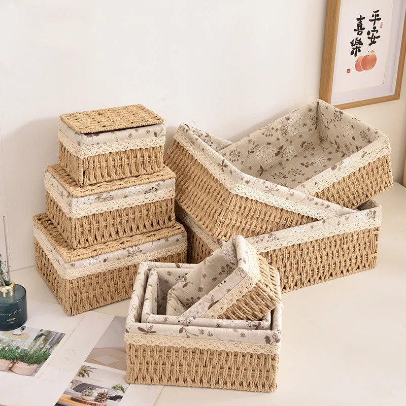 Woven Storage Baskets with Lid Handmade Rattan Box Desktop Sundries Organizer Food  Book Snack Picnic Basket Wicker Baskets