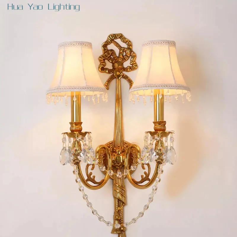 European Style All-Copper Crystal Wall Lamp French Style Living Room Dining Room Bedroom Corridor Entrance Double Headed Creativ
