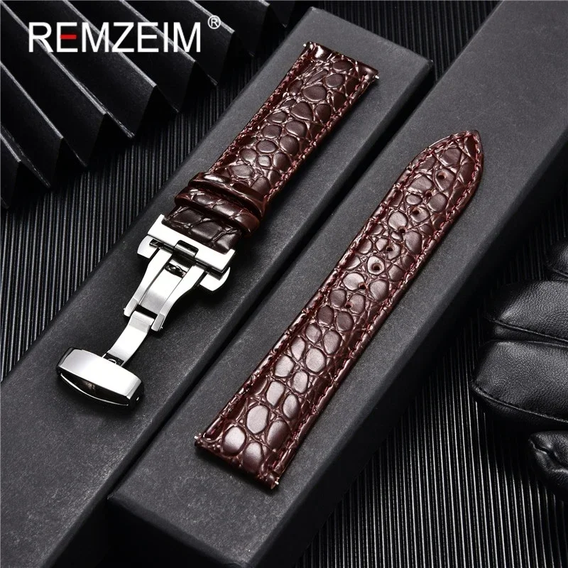 Geprägte Leder-Uhrenarmbänder mit Schmetterlingsverschluss, 18 mm, 20 mm, 22 mm, 24 mm, Ersatz-Armbanduhrenarmband