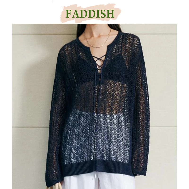 FADDISH 2024 Women Fashion Loose V-Neck Hollow Out Knitting Tops Female Solid Color Casual Sleeveless Vest