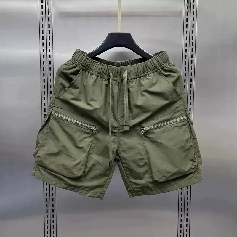 New 2026 Men's Ice Silk Cool Feeling Thin Zipper Pocket Shorts Casual Loose Five-Pocket Summer Shorts Straight Leg Knee-Length