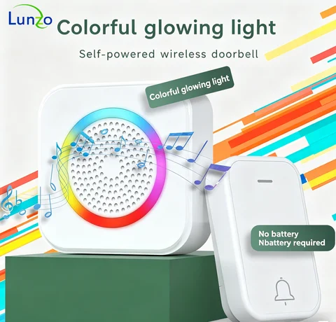 LUNZO 013 Colorful Light Self-Powered Doorbell Wireless Battery-Free Push Button with LED Sound Activated for Home Security