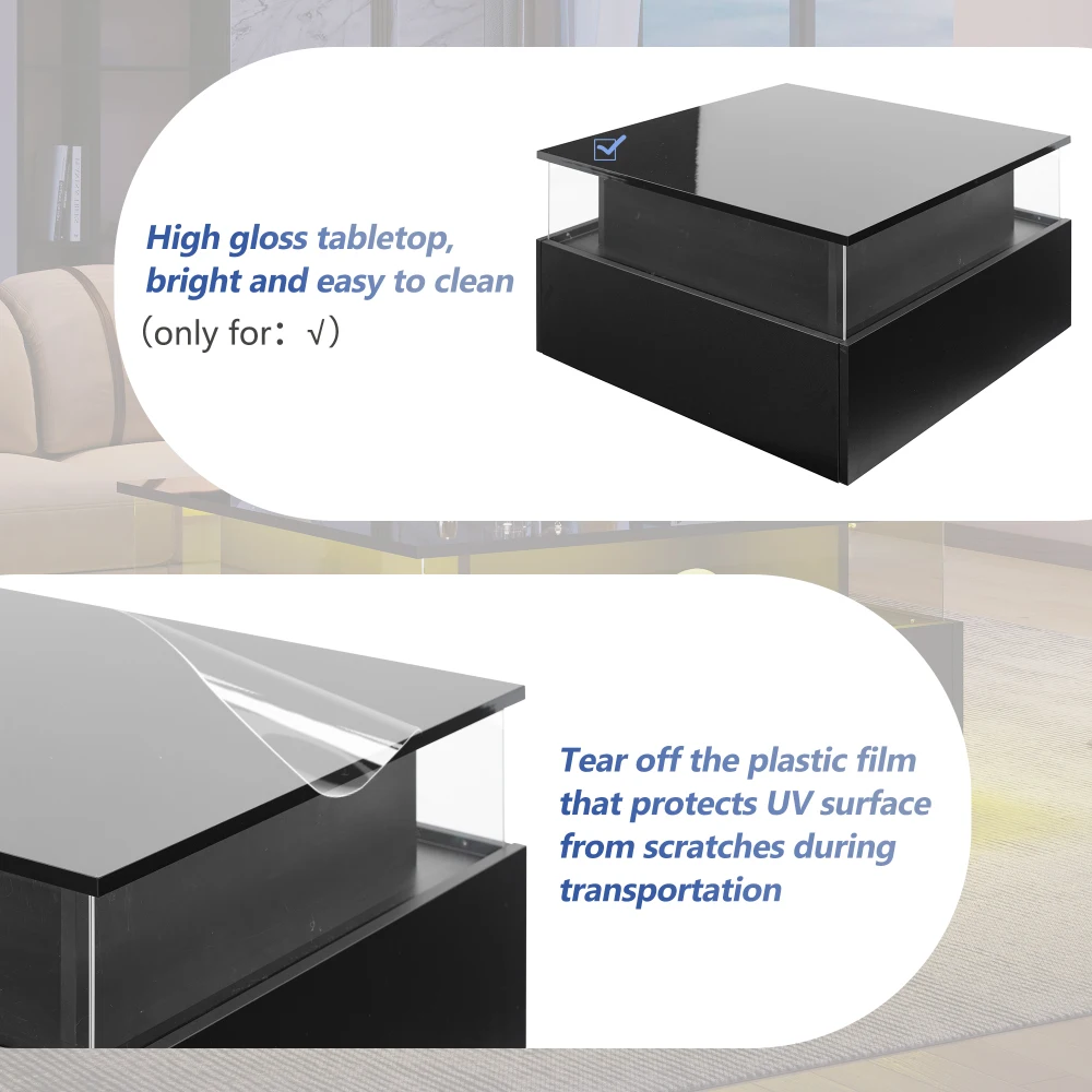 70 x 70 x 41 cm großer moderner Hochglanz-LED-Couchtisch mit 2 Schubladen und transparentem Präsentationsbereich, belastbar bis zu 30 kg – Detail 18