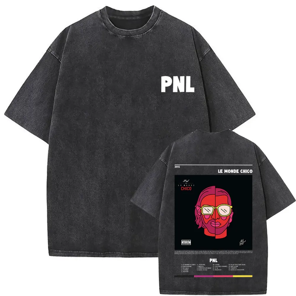 Washed Vintage Rap Band PNL Album T-shirts Le Monde Chico Graphic Tshirt Men Hip Hop Fashion Oversized T Shirts Male Cotton Tees