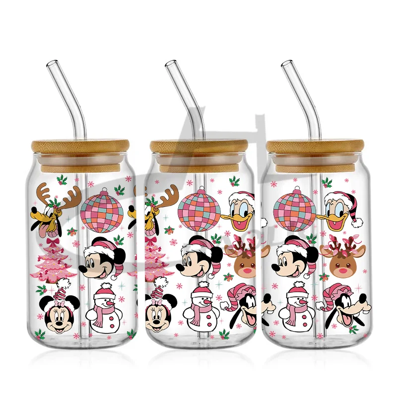 Mickey Christmas 16oz UV DTF Cup Wrap Libbey Glass Plastic Beer Can Tumbler Transfer Stickers Waterproof Permanent Adhesive