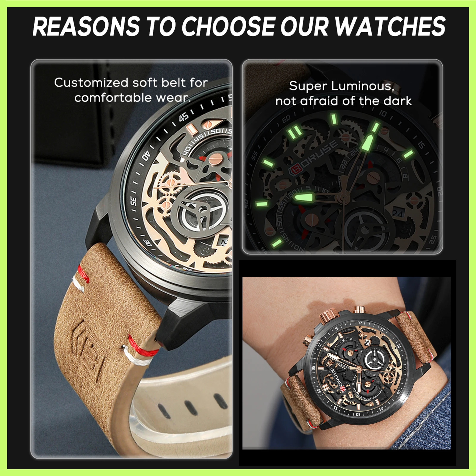 BORUSE Business Waterproof Leather Mens Quartz Watches Luxury Luminous Watch For MenWristwatch