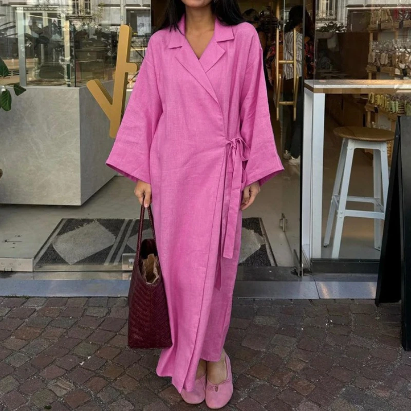 

2026 new cotton lapel long-sleeved lace-up dress pink lazy loose long dress women's clothing