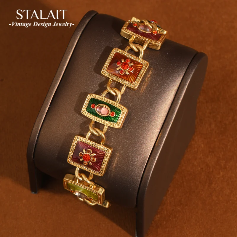 

Vintage Retro Square Carved Flower Bracelet Charm For Woman 18k Real Gold Plated Luxury Dubai Jewelry Designers Accessories 2025