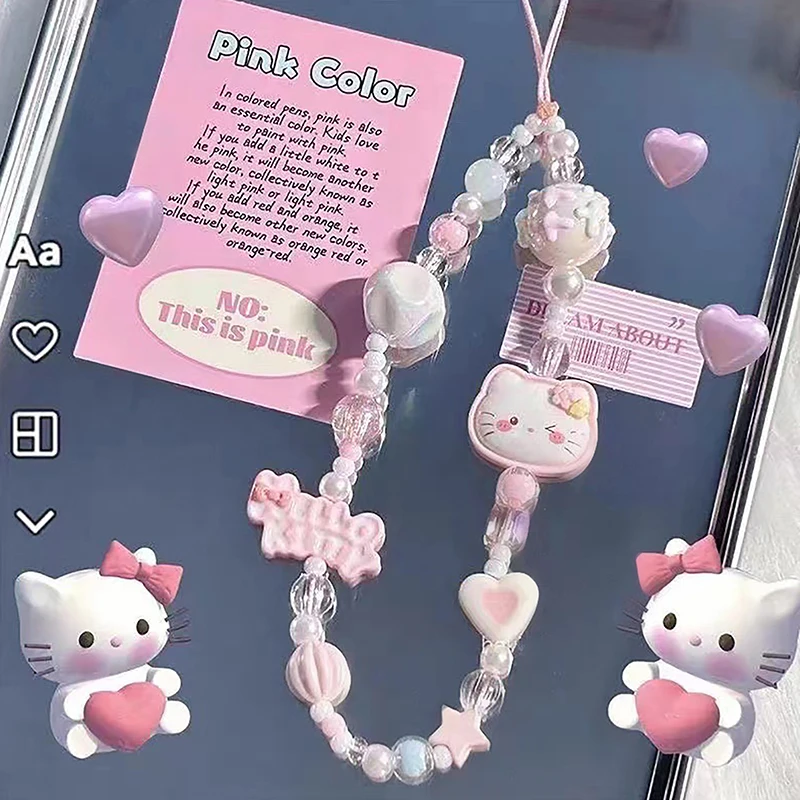 Cartoon Sanrio Keychain Y2K Cute Pink Hello Kitty Beaded Phone Chain Anti Lost Lanyards Camera Rope Bag Decoration Pendant Gifts