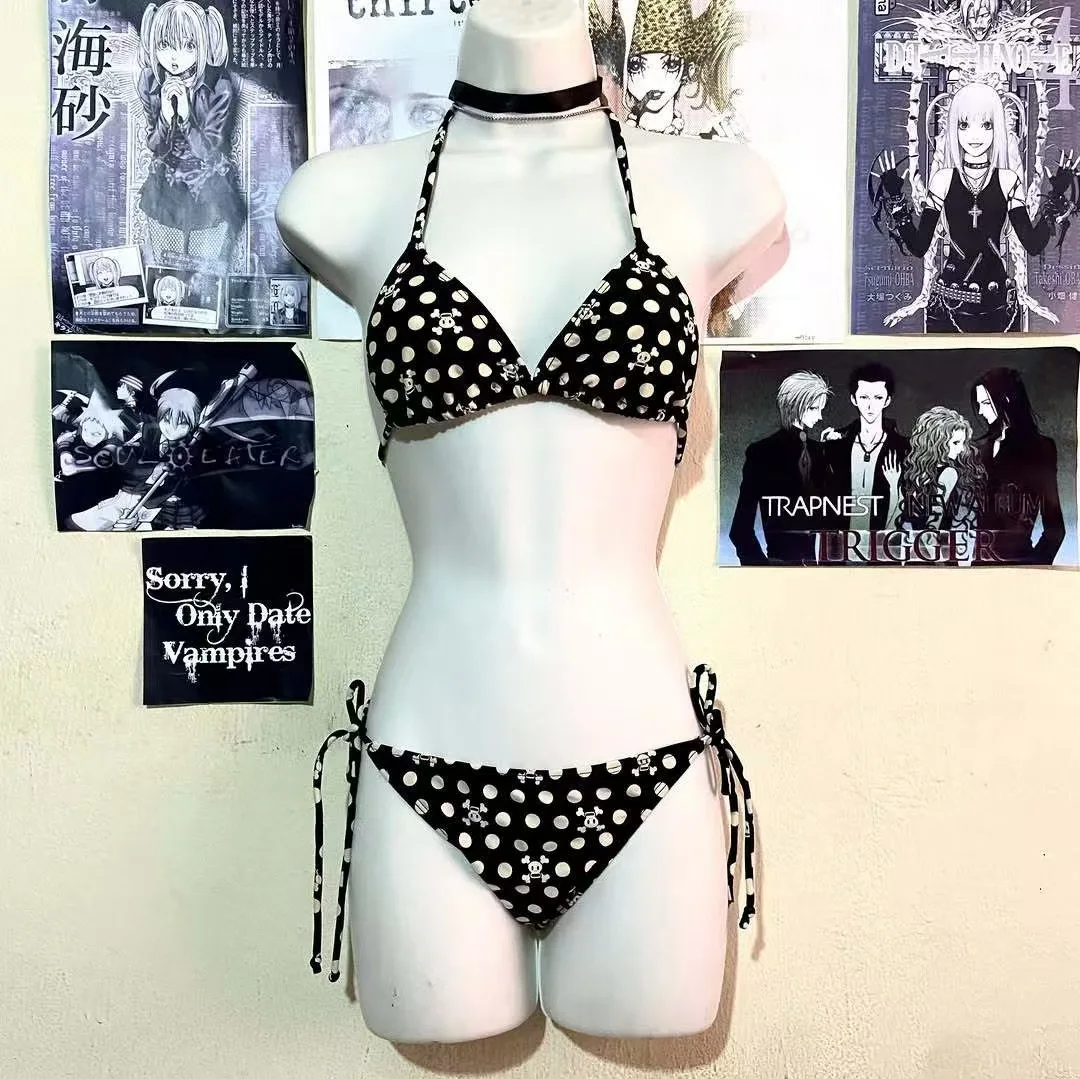 Goth Triangle Bikini 2Piece Set Summer Vintage Skull Print Y2k Woman Clothes Quick-Dry Vacation Swimming Sexy Fashion 2000s Tees