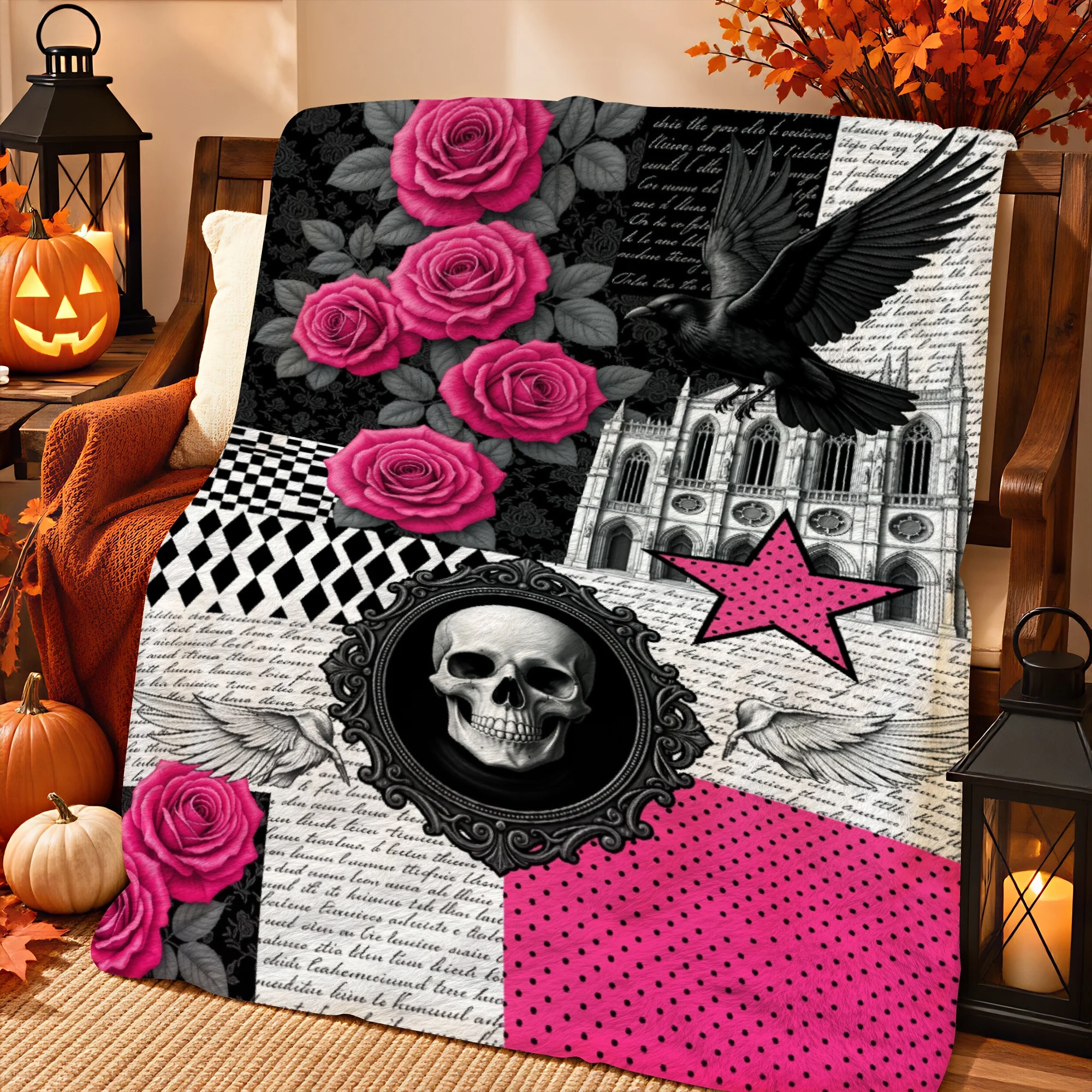 1pc 2D Printed Gothic Collage Halloween Throw Blanket (Cathedral Script, Pink Roses, Black Crow, Skull, Checkered, Polka Dot, St