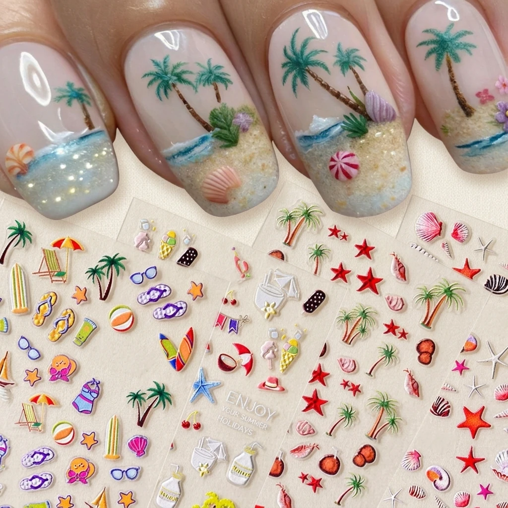 1/4Pcs 5D Holiday Beach Theme Nail Stickers Cute Cartoon Starfish/Seashell/Palm Tree/Bikini Adhesive Nail Decal Summer Nail Slid