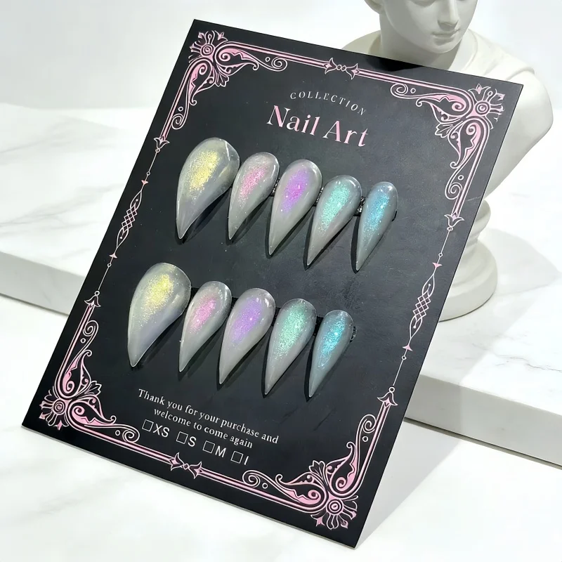 10PCS Iridescent Aurora Cat Eye Stiletto Press On Nails, Multicolor Chameleon Shimmer Long Fake Nails