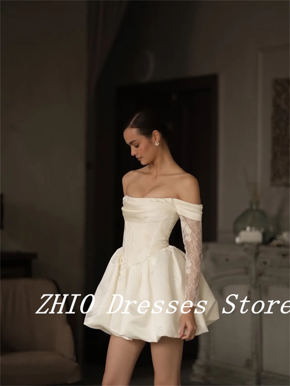 ZHIO exquis blanc Mini a-ligne robe de mariée sans bretelles dentelle manches vestidos de novia Satin robes de mariée personnalisé Marige