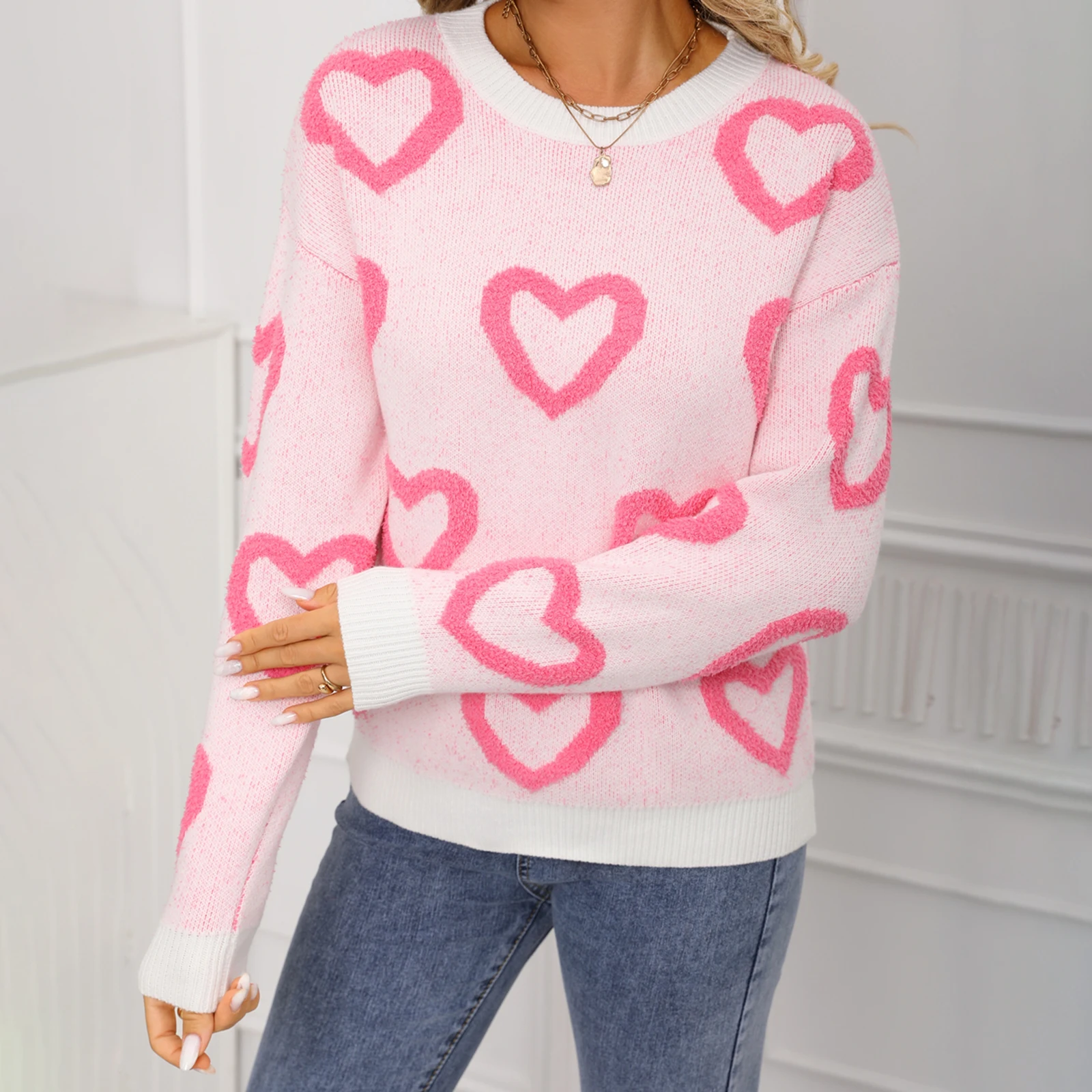 الشتاء المألوف تنوعا عارضة جولة الرقبة طويلة الأكمام متماسكة قمم المرأة القلب سترة الخريف