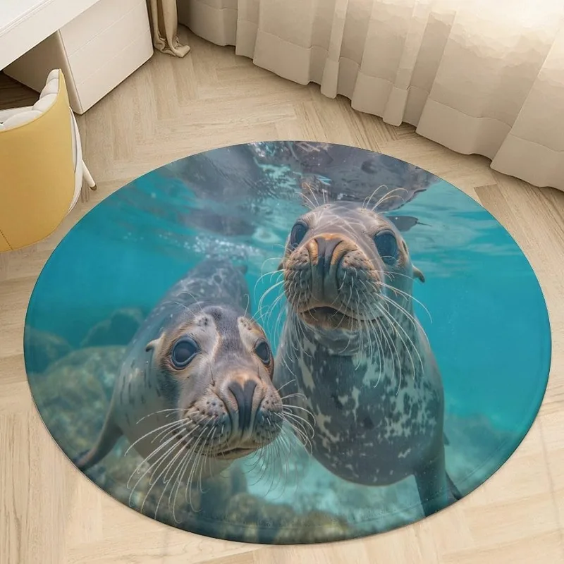 Realistic Great White Shark Round Area Rug Ocean Wave Shark Attack Print Non-Slip Circular Carpet Nautical Marine Themed Mat