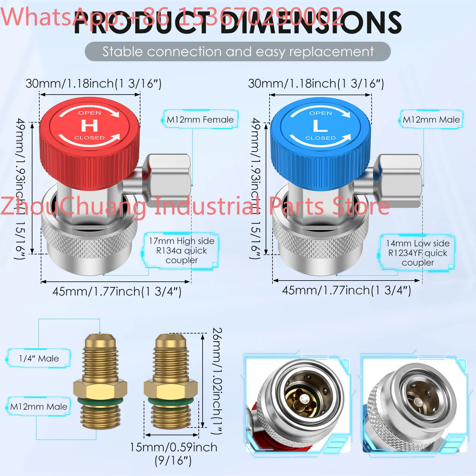 2pcs R134a Quick Coupler Connector Set High Low Pressure AC Adapter for Car Air Conditioning, 1/4