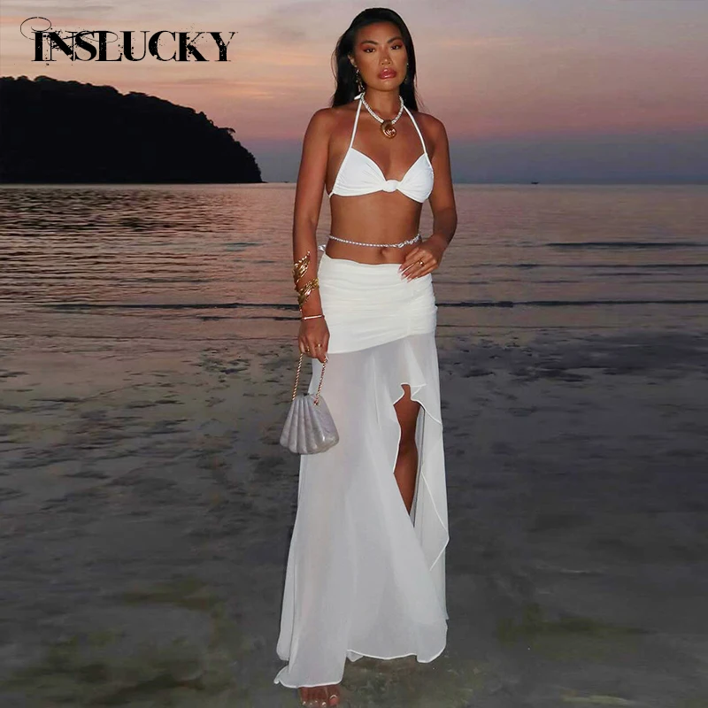 

InsLucky Fashion Casual Women Suit Summer Halter Bra Super-Short Top And Folds See-Through Mesh Splicing Slit Skirt Two-Pce Set