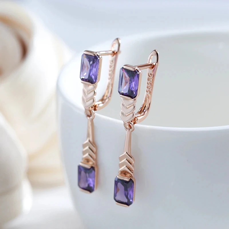 Wbmqda Fashion Square Purple Natural Zircon Earrings Rings For Women 585 Rose Gold Color High Quality Daily Party Jewelry Sets