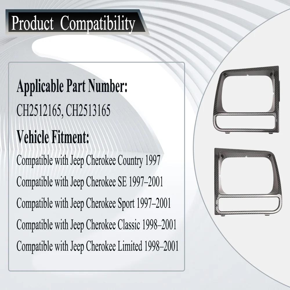 

CH2512165, CH2513165 2Pcs Car Headlight Head Lamp Frame Trim Bezel For Jeep Cherokee Country SE Sport Classic Limited
