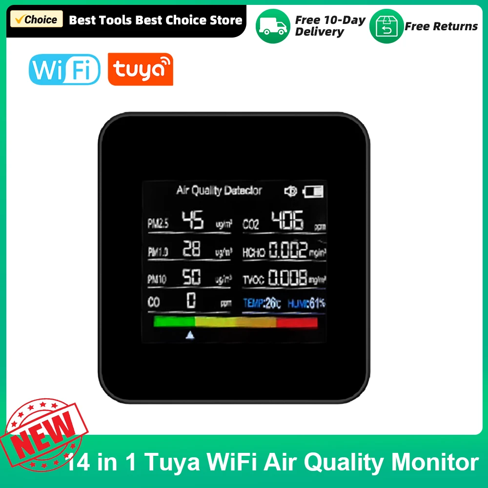 14 in 1 Tuya WiFi Air Quality Monitor Indoor CO2 Detector CO2/CO/TVOC/HCHO/PM2.5/PM1.0/PM10/Temperature/Humidity APP Control