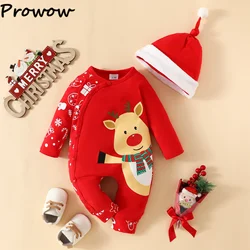 Prowow Baby Christmas Romper Long Sleeve Cute Cartoon Deer Jumpsuit and Xmas Hat 2pcs My First New Year Baby Costume 2024