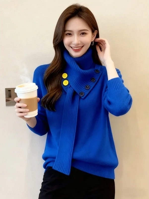 

Klein Blue Women's Sweater Trendy Casual High Collar ort Length Knitted Top Faionable Autumn Winter Loose Fit irt