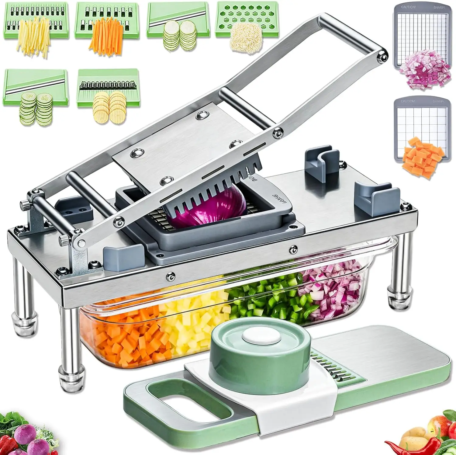 

Stainless Steel Vegetable Chopper with 8 Blades, Onion Dicer Container, Food Cutter Grater Mandoline Slicer for Kitchen