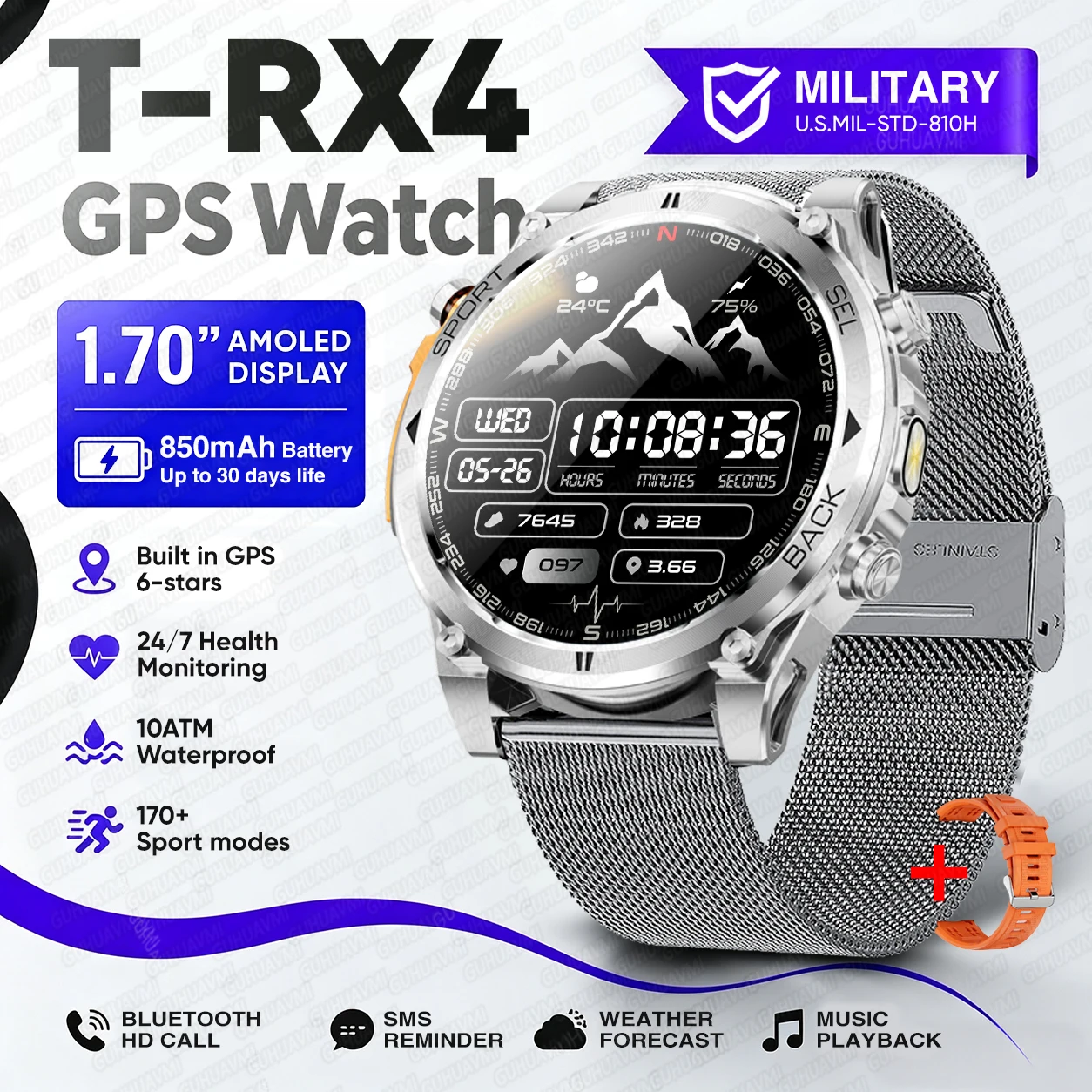 2026New Military T-RX4 Built in GPS Outdoor Smart Watch 10ATM Waterproof Compass 850mAh Battery 1.7”AMOLED Sports Fitness Clock image 3