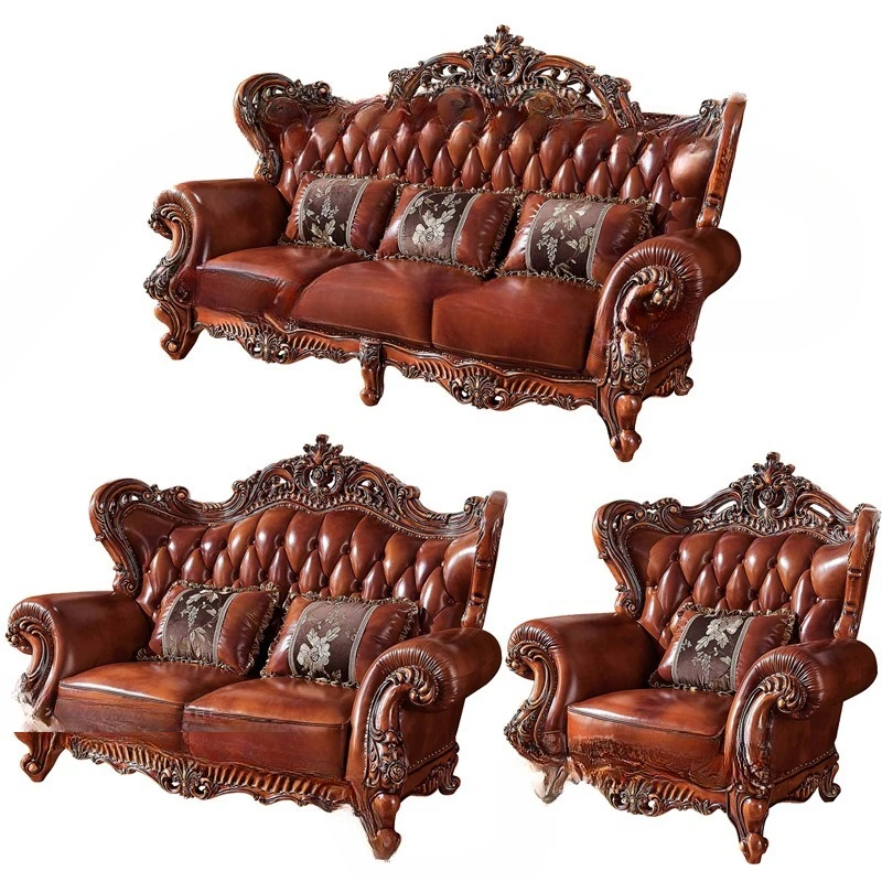 Wohnzimmer erste Schicht Rindsleder Sofa Massivholz doppelseitige Schnitzerei