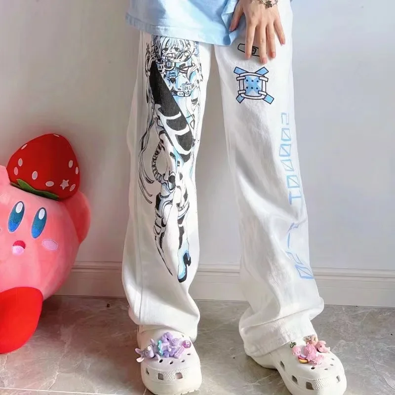 

Y2K Anime Print White Pants Women Harajuku Manga Subculture Wide Leg Trousers korean Japanese Style Kawaii Cartoon Sweatpants