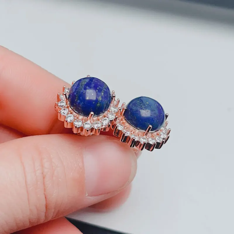 Classic 925 Silver Gemstone Earrings for Office Lady 10mm Total 8ct Natural Lazurite Earrings Gold Plated Lapis Lazuli Jewelry