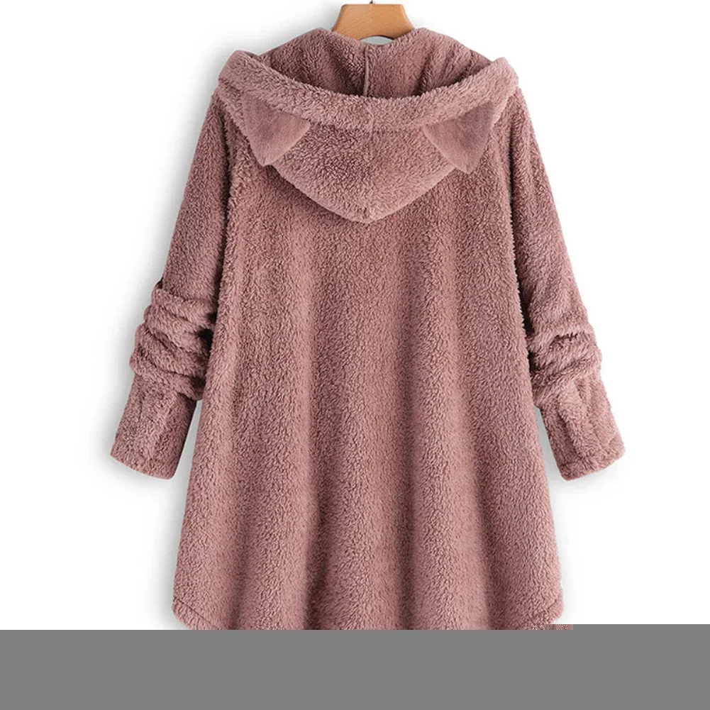 Winter Women Faux Fur Coat Luxury Long Fleece Cat's Ears Hooded Coat Loose Lapel Thick Warm Female Plush Teddy Coat