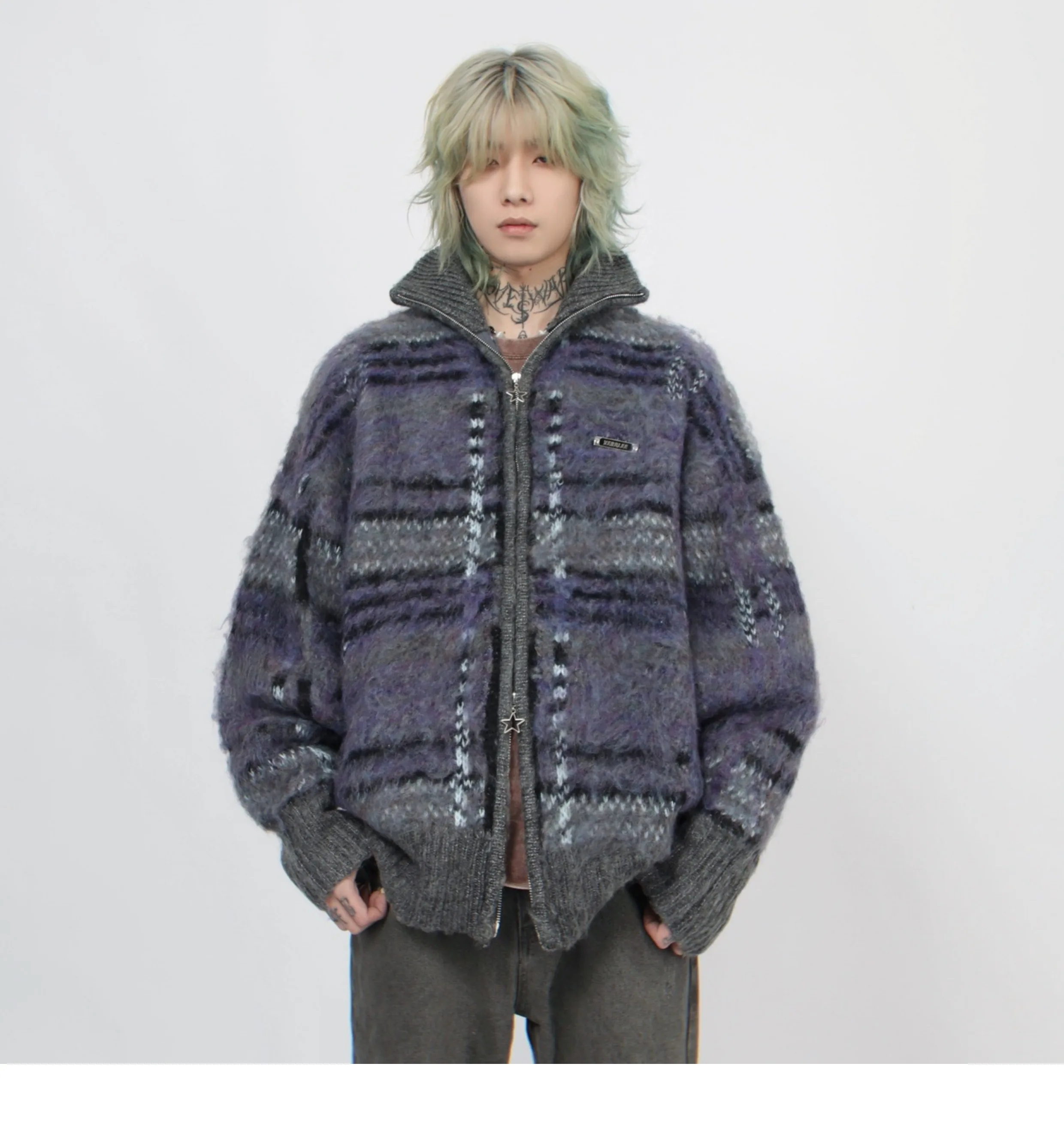 Autumn Winter American Retro Striped Stand Collar Zipper Cardigan Sweater Purple Blue Green Apricot Loose Casual Daily Sweater