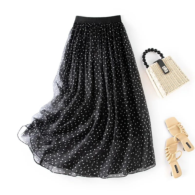 Birdsky, 1PC Women summer skirt small dot big sweep skirts double layers 100% real mulberry silk georgette Black, S-1054