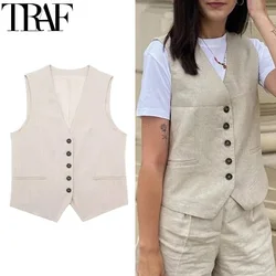 TRAF Women's Suit Vest Office Wear Cropped Sleeveless Woman Vest Summer Casual Waistcoat Women Fashion Button Up Beige Vest Top