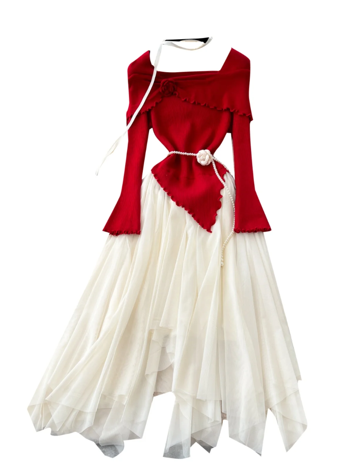 부드러운 바람 꽃 긴 소매 니트 메쉬 푹신한 하이 웨이스트 a 라인 요정 드레스 한국 스타일 통근 겨울 패션 트렌드