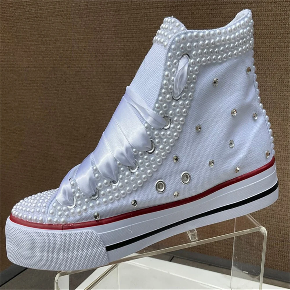 White high top pearl rhinestones ribbon custom style canvas shoes integrated sports casual shoes women\'s shoes 35-44